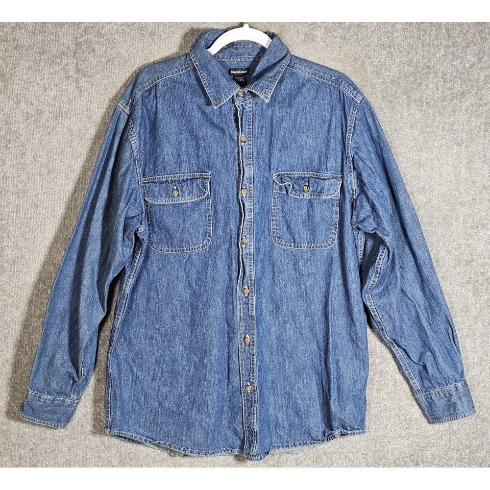 NorthCrest Denim Button Up Shirt Mens Size Large Blue Cotton Long Sleeve Pockets